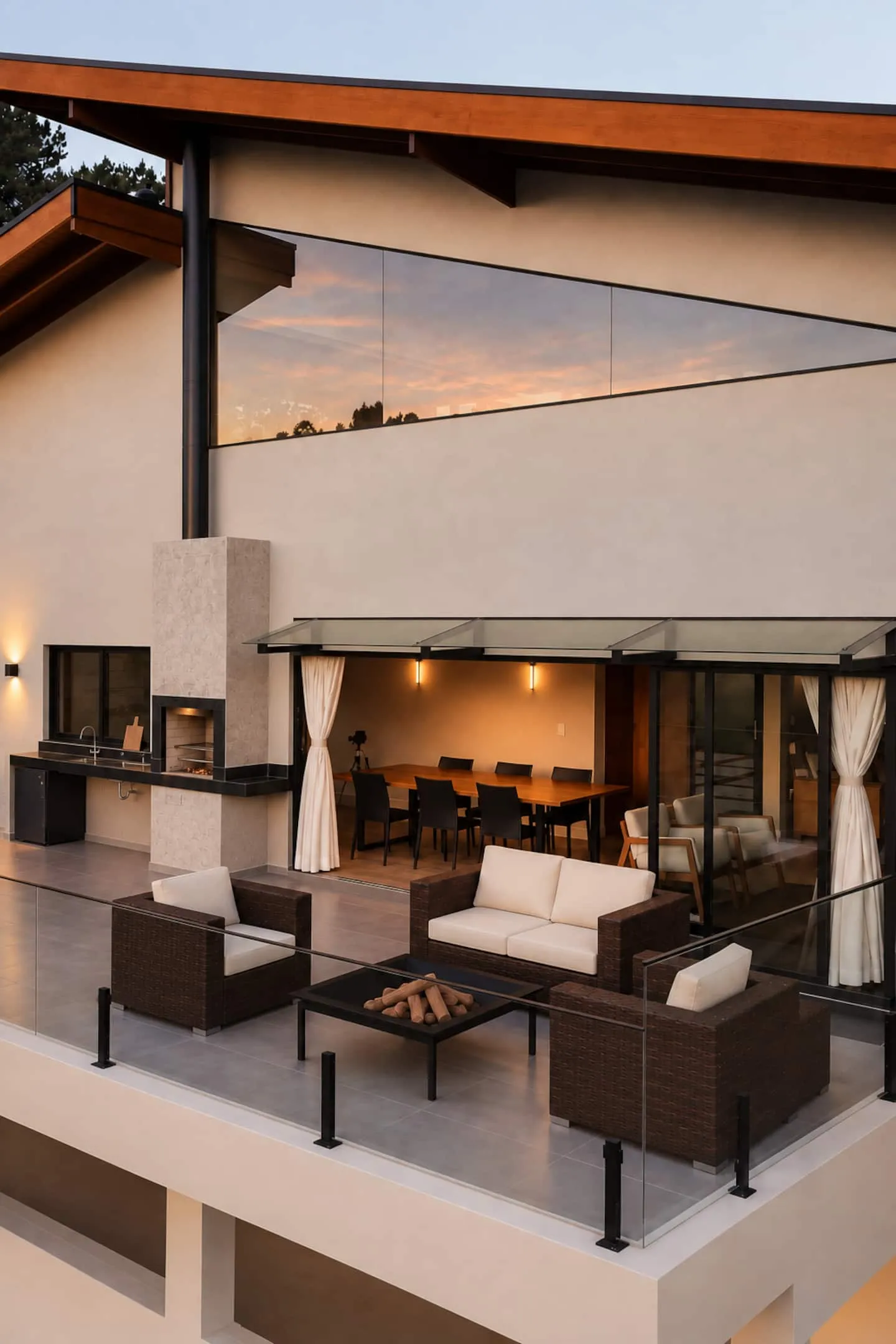 Área gourmet ao entardecer, com churrasqueira, mesa e a sala iluminada ao fundo